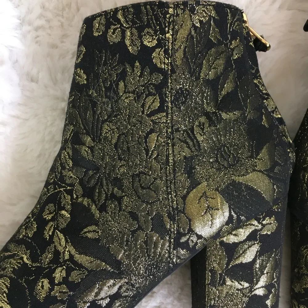 Steve Madden Black Gold Jacquard Cynthia Floral Fabric Ankle High Heel Boots 7.5